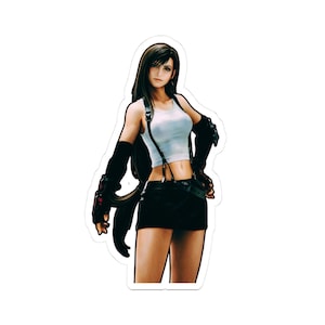 Può includere: Un adesivo raffigurante un personaggio di Final Fantasy VII. Il personaggio è una donna con lunghi capelli neri, che indossa una canotta bianca, una gonna nera e guanti neri. L'adesivo ha un bordo bianco.