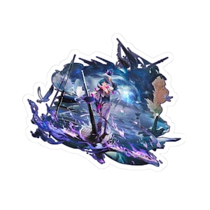 May include: A sticker featuring a detailed illustration of a character on a ship amidst a swirling, stormy sea. The artwork uses shades of blue, purple, and white, with intricate details and a dynamic composition. The sticker has a white border.