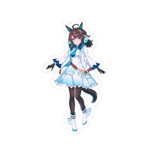 May include: A sticker featuring a stylized anime character with brown hair, blue eyes, and a white and blue outfit. The character has black gloves, a brown belt, and a tail. The sticker is cut around the character's outline.
