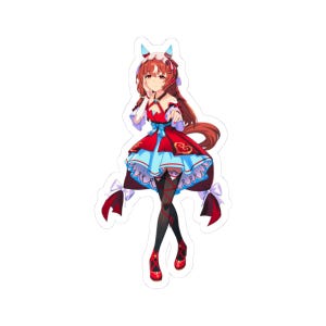 May include: A die-cut sticker featuring an anime-style character with long reddish-brown hair and small horns. The character wears a red and light blue dress with a heart motif, black stockings with red ribbon lacing, and red shoes with bows.