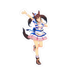 May include: A sticker featuring an anime-style character with brown hair, ears, and a tail. The character is wearing a blue and white striped outfit with a pink skirt and a blue apron. The character is smiling and waving.