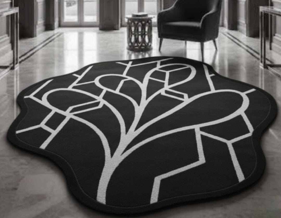 Abstract Leaf Rug, Irregular Black White Geometric Carpet, Contemporary ...