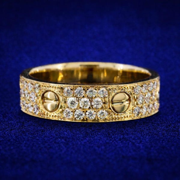 Ring met schroefsluiting en diamanten pavézetting, geelgouden Love-stijl, stapelbare trouwring