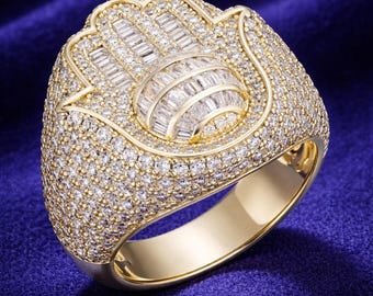 Anillo de mano de Fátima helado con ojo malvado de diamante baguette, joyería unisex con estilo