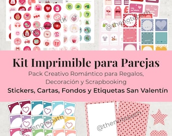 Kit Imprimible Romántico para Parejas | Stickers, Cartas, Etiquetas, Fondos | Decoración San Valentín para Scrapbooking, Journaling | PDF