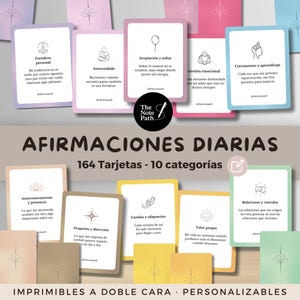 May include: A collection of affirmation cards with pastel backgrounds. Each card has a unique illustration and Spanish text. The cards are divided into 10 categories, with a total of 164 cards. The text "AFIRMACIONES DIARIAS" is displayed prominently.