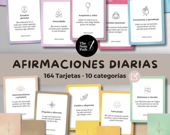 164 Tarjetas de afirmaciones diarias · 10 categorías · Amor propio, crecimiento personal, empoderamiento, autocuidado · Digitales, editables