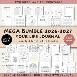 Puede incluir: Un paquete de diario imprimible para 2026-2027 con más de 220 páginas y 40 rastreadores. La colección incluye plantillas en blanco y negro para el estado de ánimo, salud, gastos, hábitos, ahorros y planificadores mensuales en tamaños A4 y A5.