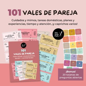 Puede incluir: Un conjunto de 101 "Vales de Pareja" con diversas actividades y experiencias, incluyendo un bono de 20 tarjetas de preguntas abiertas. Los vales están en español y presentan diseños y texto coloridos, con la marca "The Note Path".