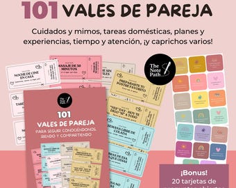 101 Vales para Parejas Imprimibles + 20 Tarjetas Preguntas | Cupones Románticos Editables | Amor y pareja | Regalo San Valentín, Aniversario
