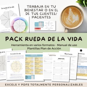 Puede incluir: Una colección de hojas de trabajo y documentos impresos con el texto "PACK RUEDA DE LA VIDA" y "La rueda de la vida". Los documentos incluyen gráficos, tablas y plantillas de plan de acción. Una taza de café con arte latte está en la esquina superior derecha.