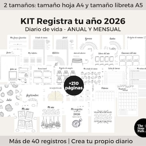 以下が含まれることがあります： 「KIT Registra tu año 2026」と「Diario de vida - ANUAL Y MENSUAL」のテキストが入った白黒のプランナーキット。習慣、目標、月間カレンダーのページが含まれています。210ページ以上あり、A4とA5サイズで利用できます。