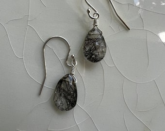Faceted Tourmalinated Rutile Quartz Sterling Silver Dangle Earrings