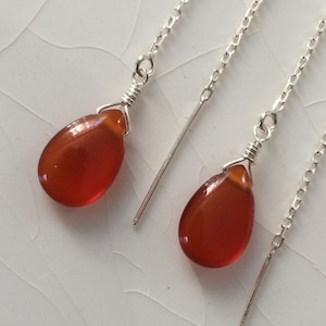 Ear Thread/Ear Threader Earrings: Smooth Carnelian Pear/Briolette Drops & Sterling Silver Dangle Earrings