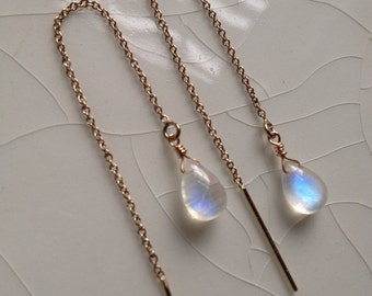 Small Smooth Rainbow Moonstone Pear/Briolette Drop and Gold Filled Threader/Ear Thread  Earrings