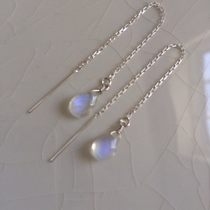 Tiny Smooth Rainbow Moonstone Pear/Briolette Drop Sterling Silver Threader/Ear Thread  Earrings