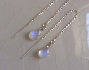 Tiny Smooth Rainbow Moonstone Pear/Briolette Drop Sterling Silver Threader/Ear Thread  Earrings