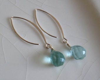 Aquamarine Quartz Briolette & Sterling Silver Hoop/Loop Dangle Earrings