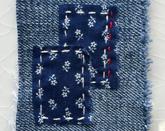 Small Hand-Stitched Sashiko/Boro Upcycled Denim Jens and Vintage Floral Laura Ashley Fabric Patch