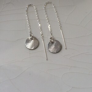 Ear Threader/Ear Thread Earrings: Brushed Sterling Silver Disc Dangle Earrings