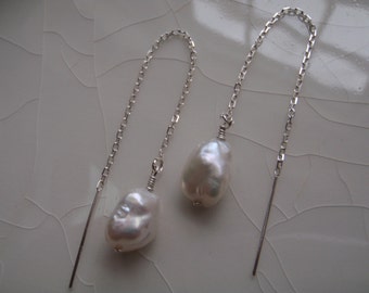 Freshwater Nugget/Keishi Pearl and Sterling Silver Threader/Ear Thread Dangle Earrings