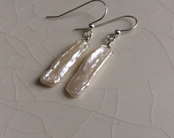 Only 25.00 Dollars,  Freshwater White/Cream Biwa Stick Pearl and Sterling Silver Dangle Earring