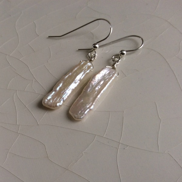 Only 25.00 Dollars,  Small Freshwater White/Cream Biwa Stick Pearl and Sterling Silver Dangle Earring