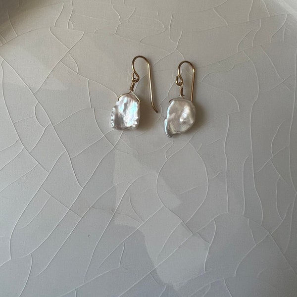 Small, Gold-Filled, Ivory/White Baroque Freshwater Keishi, Cornflake, Petal Pearl Dangle Earrings