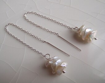 Ear Threader/Ear Thread Earrings: Ivory/White Keishi Pearl Stack & Sterling Silver Dangle Earrings