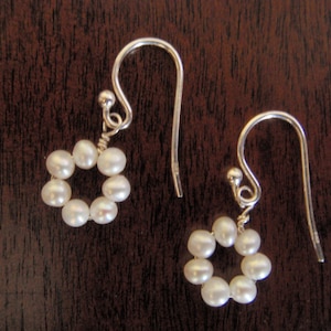 Sterling Silver Flower Earrings: Tiny Freshwater Pearl Dangle Earrings