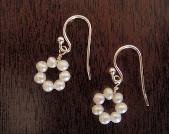 Sale only 25.00…Tiny Freshwater Potato Seed Pearl and Sterling Silver Flower Earrings