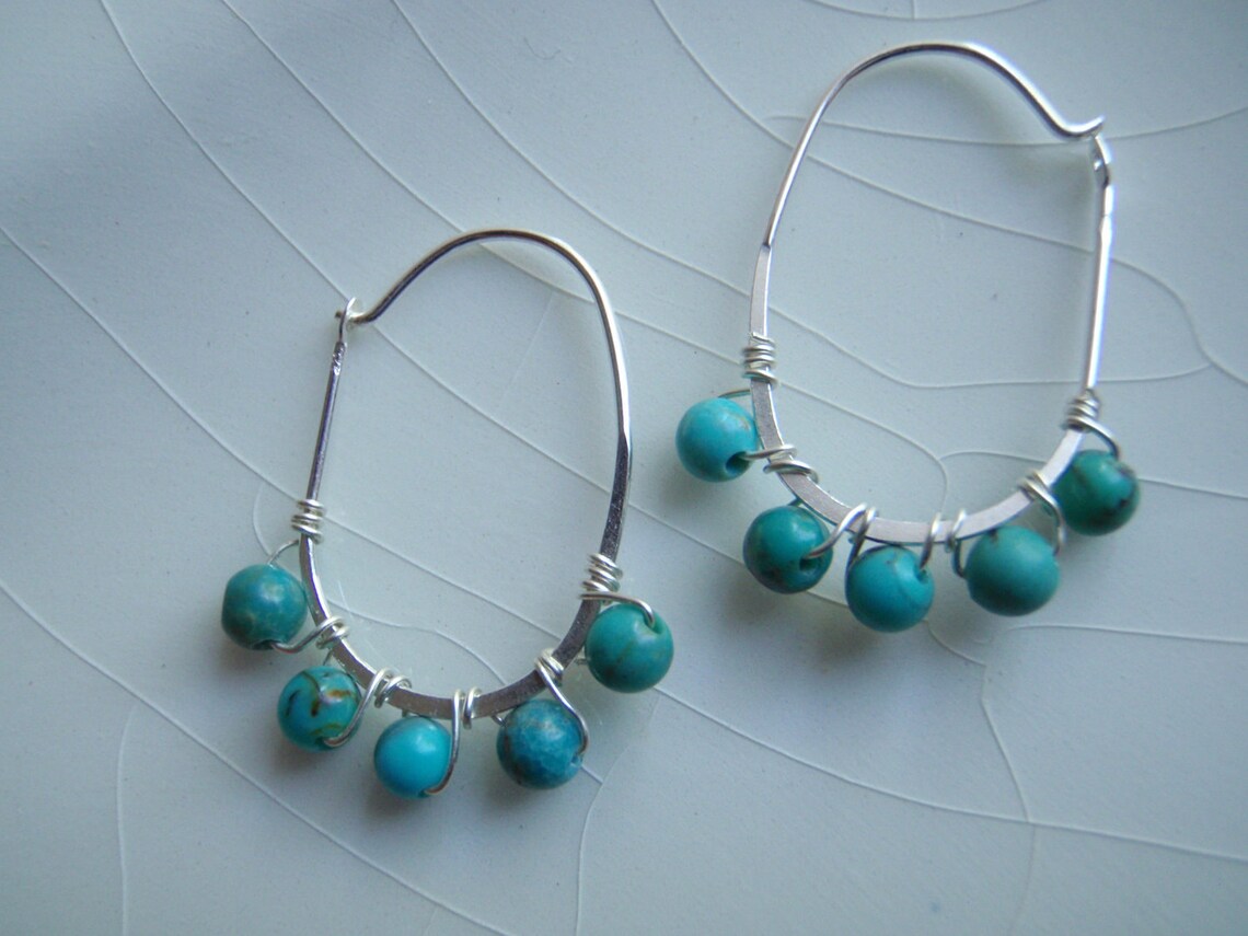 Turquoise Oval Sterling Silver Hoop Earrings plated in 14K Gold