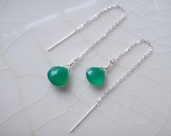 Tiny Green Onyx Faceted Pear/Briolette & Sterling Silver Threader/Ear Thread Dangle Earrings