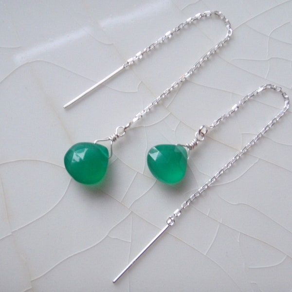 Tiny Green Onyx Faceted Pear/Briolette & Sterling Silver Threader/Ear Thread Dangle Earrings