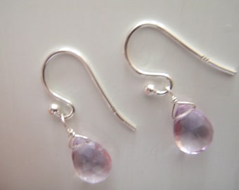 Sterling Silver & Pink Amethyst Pear/Briolette Drop Dangle Earrings