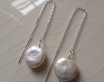 Sterling Silver Coin Pearl Threader Earrings: Ivory White Rainbow