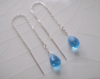 Ear Thread/Threader Earrings: Swarovski Crystal Sapphire Blue Topaz Briolette Drop Dangle Earrings