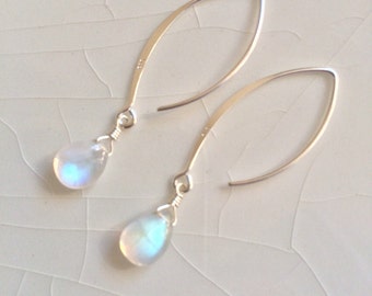 Small, Smooth Rainbow Moonstone Pear/Briolette Drop Sterling Silver Marquise Hoop/Loop Dangle Earrings