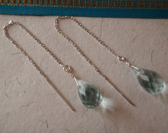 Ear Thread/Threader Earrings: Aquamarine Quartz Briolette & Sterling Silver Dangle Earrings