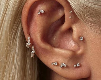 Pendientes de botón con circonitas dobles, pendientes minimalistas de dos piedras (incluyen tapones para las orejas a juego de plata de ley 925).