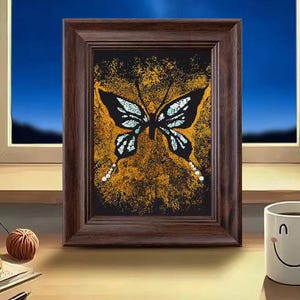 Könnte beinhalten: Ein gerahmter Schmetterlingskunstdruck. Das Kunstwerk zeigt einen schwarzen Schmetterling mit türkisfarbenen und weißen Akzenten vor einem strukturierten orange-schwarzen Hintergrund. Der Rahmen ist dunkelbraun, und der Druck wird auf einer Holzoberfläche präsentiert.