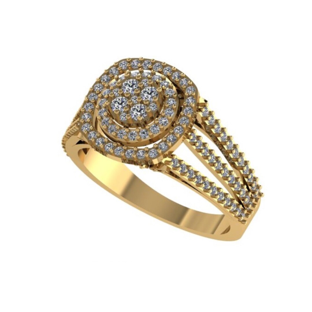 Round Cut Diamond Double Halo Split Shank Ring in Yellow Gold – Luxury ...