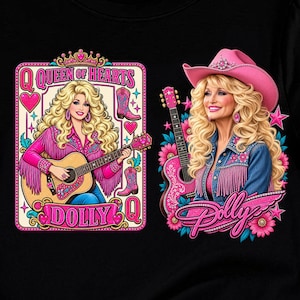 May include: A black t-shirt featuring two graphic illustrations of a blonde person with long wavy hair. One graphic is a playing card labeled QUEEN OF HEARTS DOLLY Q with a guitar and boots. The other shows a person in a pink cowboy hat and guitar.
