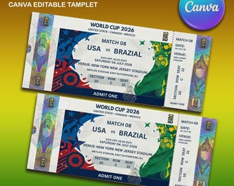 Plantilla editable para entradas de partidos de fútbol, plantilla para entradas de la Copa del Mundo, plantilla personalizada de fútbol, entrada imprimible para eventos deportivos, plantilla de Canva