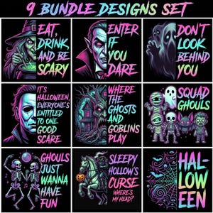 Retro Halloween PNG Bundle | Spooky Ghost Skeleton Witch Shirt Designs | Vintage Horror Sublimation Download | DTF Clipart