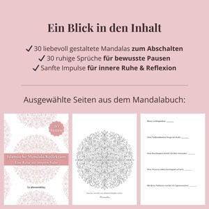 May include: A promotional image for a coloring book, featuring the title "Islamic Mandala Collection" and sample pages with intricate mandala designs. The text highlights 30 mandalas, quotes, and reflections.