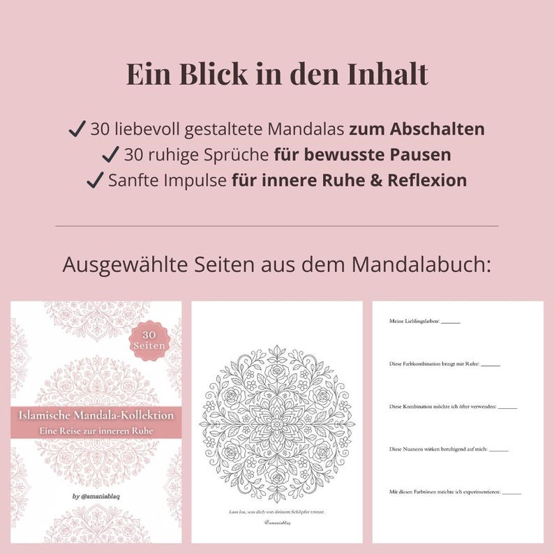 May include: A promotional image for a coloring book, featuring the title "Islamic Mandala Collection" and sample pages with intricate mandala designs. The text highlights 30 mandalas, quotes, and reflections.