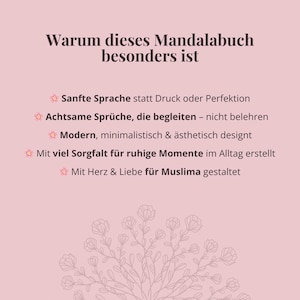 May include: A light pink background with text in dark brown. The text reads "Warum dieses Mandalabuch besonders ist" and lists features of the book. A floral design is at the bottom.