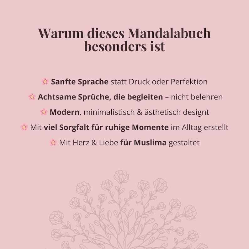May include: A light pink background with text in dark brown. The text reads "Warum dieses Mandalabuch besonders ist" and lists features of the book. A floral design is at the bottom.