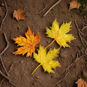 May include: Three crocheted maple leaves in shades of yellow and orange lie on brown soil, with scattered twigs and fallen leaves. The leaves are detailed with intricate stitching, showcasing the colours of autumn.